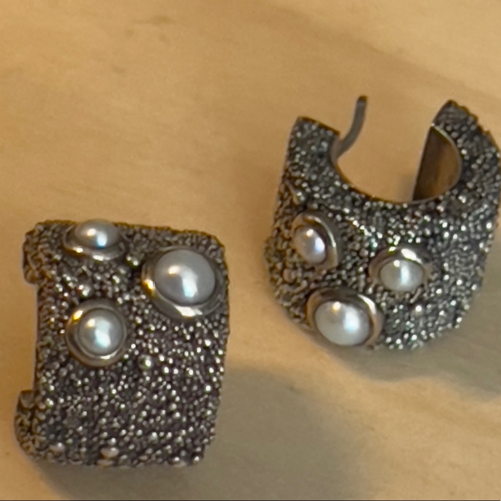 14K Gold & Silver Sand Textured Earrings Unique Vintage Estate Designer Signed